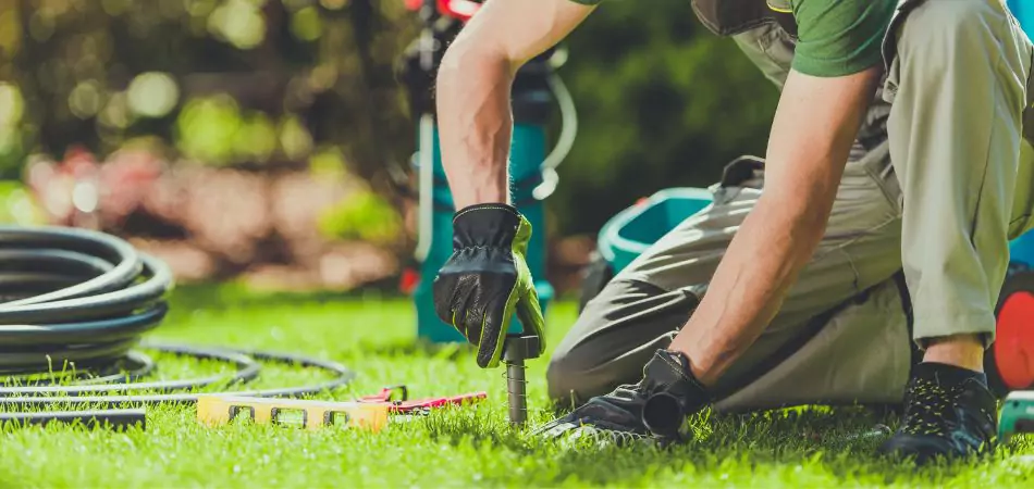A man installing sprinkler system in a landscape