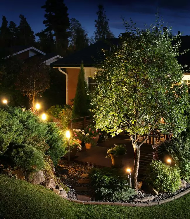 Beautiful landscape lighting installed in a green landscape